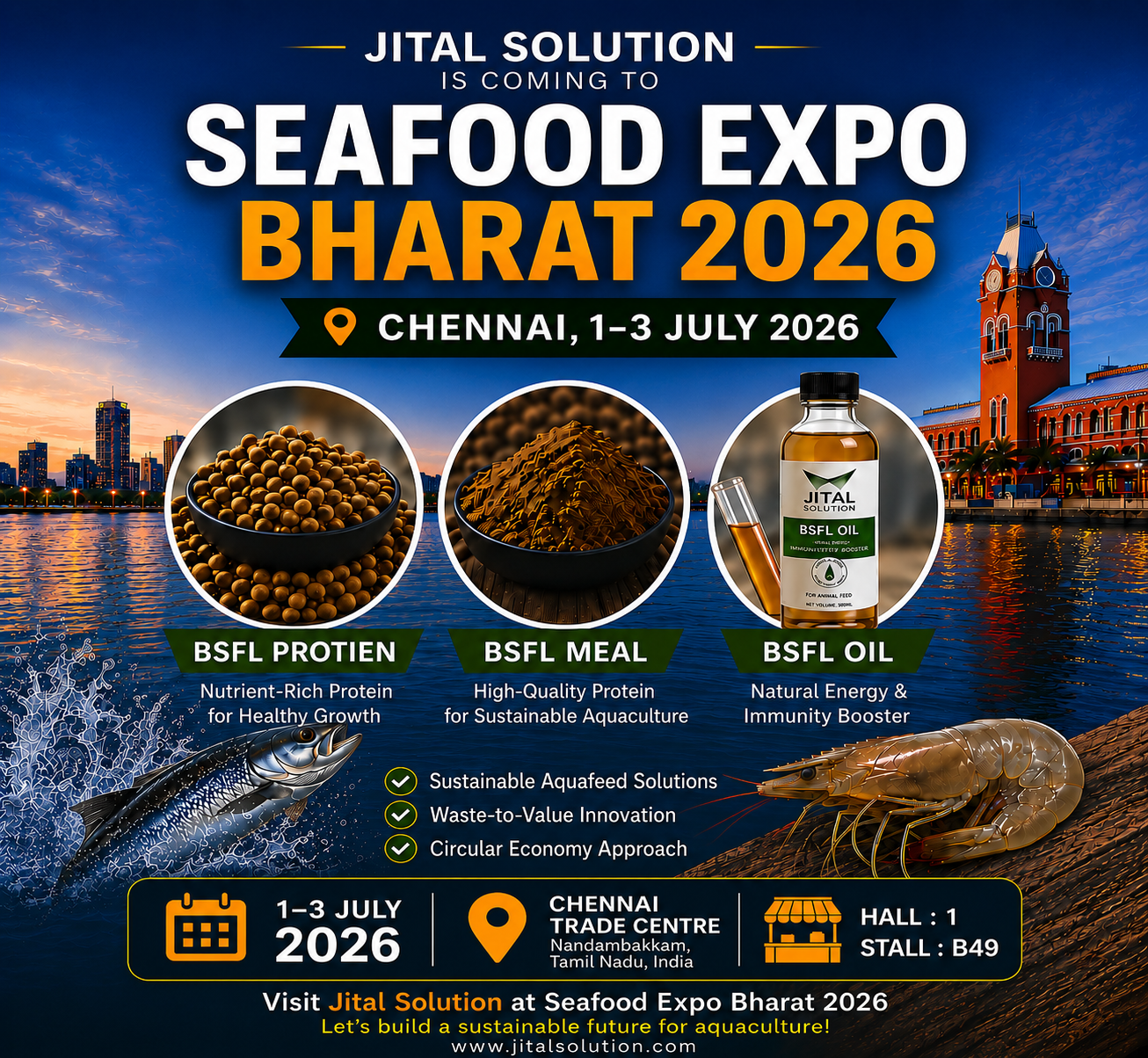 Jital Solution to Exhibit at Seafood Expo Bharat 2026 — Meet India’s Premier BSFL Aquaculture Feed Brand in Chennai